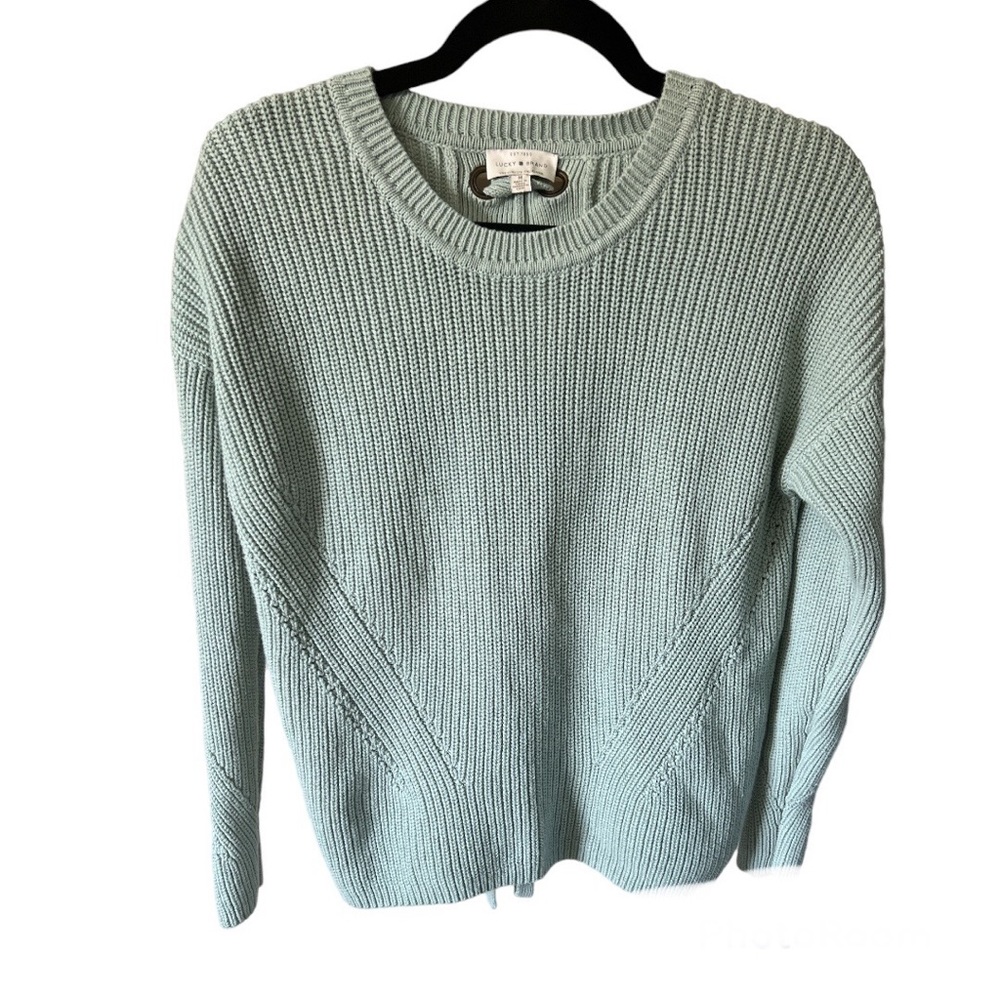 Lucky Brand Mint green boho chunky knit cropped lace up back sweater Med…